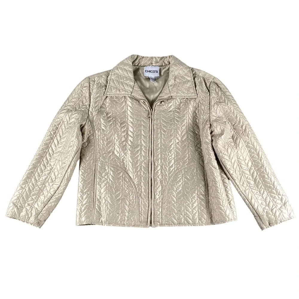 Chicos Champagne Gold Quilted‎ Leaf Pattern Zip Up Jacket Collared Size 1 M/L